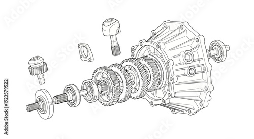 Exploded view illustration of a mechanical vehicle transmission assembly showing gears, shafts, and casing. Automotive engineering blueprint.