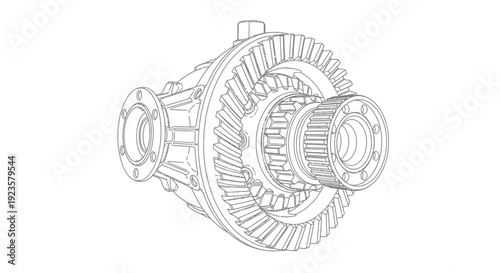 Technical line drawing of an automotive differential gear assembly on a white background. Engineering illustration of car power transmission mechanism.