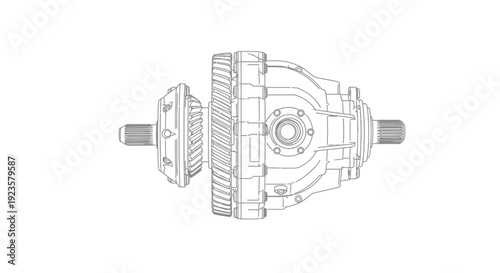 Technical blueprint line drawing of a mechanical differential gear assembly, engineering illustration for automotive and industrial design.