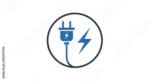 Blue Electric Power Plug and Lightning Bolt Icon in Circle. Modern vector symbol for energy, charge, electricity, supply, and connection.
