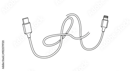 Tangled USB cable with a knot, minimalist line art illustration, data transfer wire, black and white vector graphic