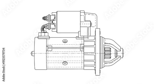 Automotive Starter Motor Line Drawing. Technical Illustration of Vehicle Engine Electrical Component for Starting System.
