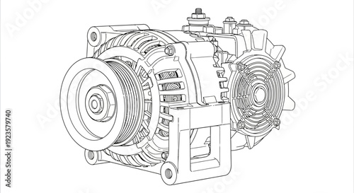 Automotive Alternator Line Art Illustration. Essential Vehicle Electrical System Component for Car Engine Power Generation