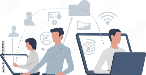 People collaborating remotely using laptops with data transfer icons and network symbols vector illustration