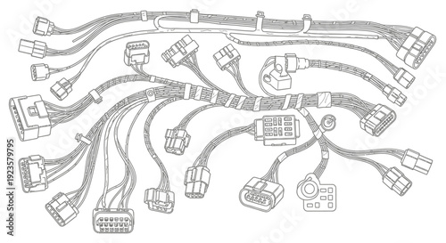 Detailed engineering diagram of a complex electrical wiring harness assembly featuring various connectors and bundled cables