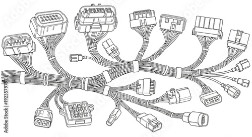 Complex electrical wiring harness with multiple automotive connectors and terminals in a detailed line art diagram