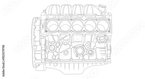 Detailed technical line art drawing of a powerful internal combustion engine block, showing cylinders and mechanical components. Automotive blueprint illustration.