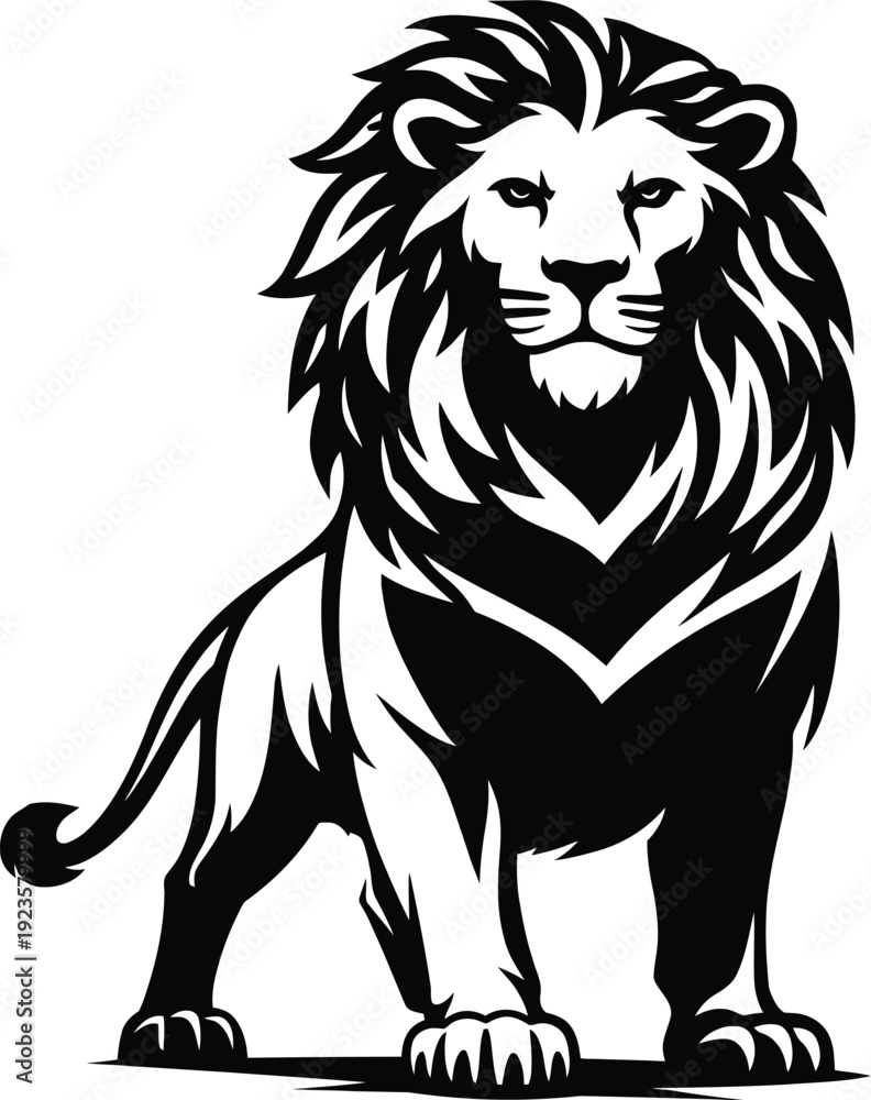 Fototapeta premium Powerful front facing lion vector logo in bold black and white style. Strong full body animal emblem suitable for corporate branding, sports teams, security companies and premium identity projects.