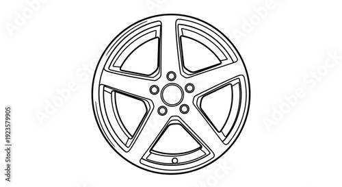 Five-spoke automotive wheel rim line art vector illustration. Outline drawing of a car alloy wheel for vehicle parts.