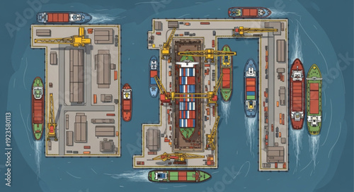 Aerial view of a busy port with cargo ships and infrastructure.