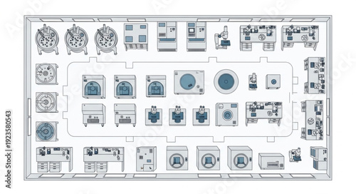 Detailed architectural blueprint showcasing the layout of a complex laboratory environment.