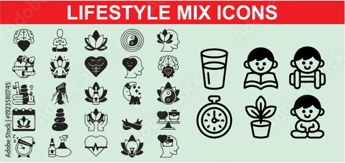Wellness and Lifestyle Icons: Mind, Body, Yoga, Meditation, Health
