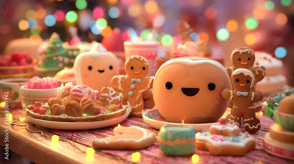 Obraz premium Cute gingerbread characters and festive sweets on a holiday table with bokeh lights