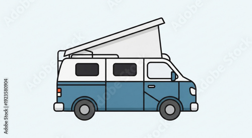 Blue and white camper van with pop up roof side view travel and adventure concept recreational vehicle