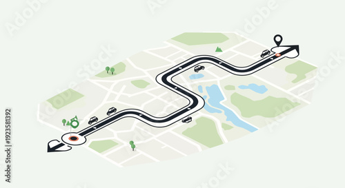 Isometric stylized map showing a winding car navigation route, a planned journey from start to finish, and travel path.