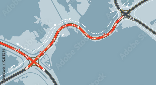 Abstract highway and road network map showing traffic flow, strategic routes, and complex intersections for urban planning
