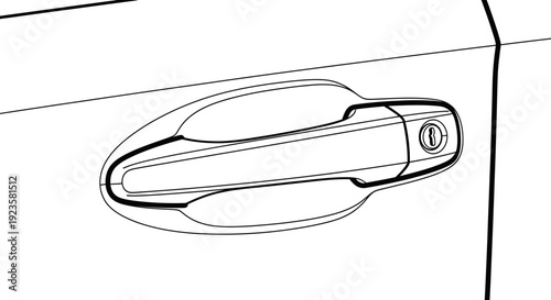 Detailed line art illustration of a modern car door handle with a keyhole, showcasing automotive design and security features.