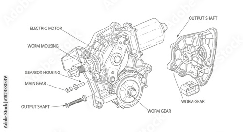 Technical line drawing of an automotive electric motor and gear assembly, showing internal components like worm gear, main gear, and output shaft.