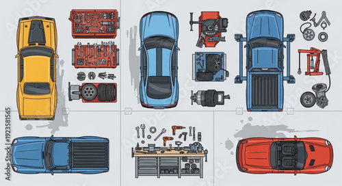 Automotive repair and maintenance with car parts and tools illustration.