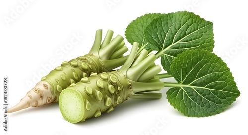 A cut and whole wasabi root with green leaves