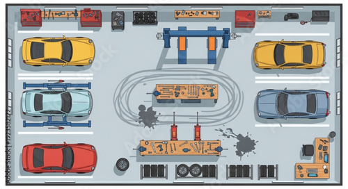 Overhead view of a car wash facility with various vehicles and equipment.