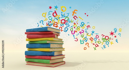 Stack of colorful books with letters and symbols flying out education concept on sandy background