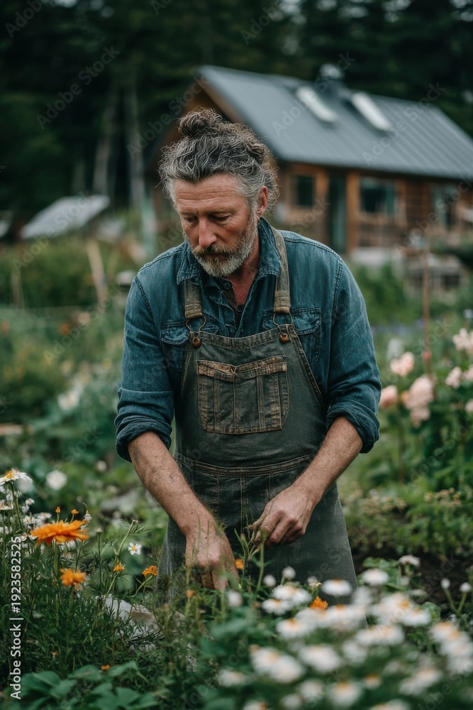 Fototapeta premium Focused Gardener Tending Lush Plants in a Rustic Outdoor Setting generated by AI