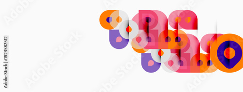 Abstract shapes overlap, creating vibrant color composition. Pink, purple, orange hues dominate design. Minimalist aesthetic.