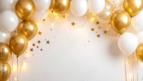 Festive gold and white balloon garland on white background with star confetti for elegant celebration or party decor.