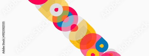 Colorful overlapping circles create diagonal pattern. Bright hues contrast against white background, simple geometric design.