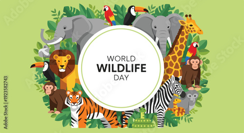 Vibrant illustration of various animals celebrating World Wildlife Day on a green background with lush foliage and a central white sign