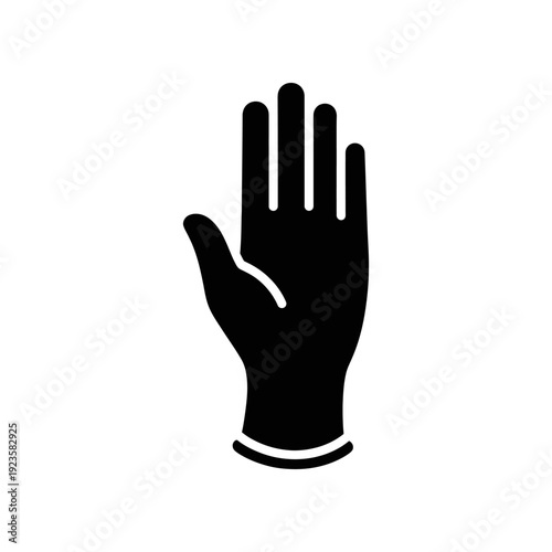 High-contrast black glove hand making a stop gesture on clean white background, minimalist vector illustration ideal for safety, prohibition, and communication designs.