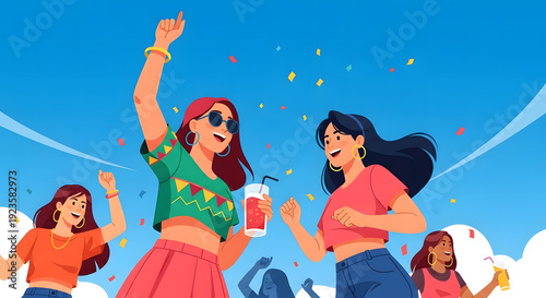 Colorful Summer Festival with Friends Dancing in Joy