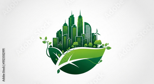 Eco friendly cityscape with green leaves and skyscrapers symbolizing sustainable urban development and environmental conservation