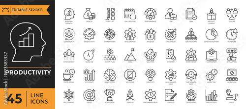 Productivity outline icon set. Containing Efficiency, Strategy, Business, Growth, Manufacturing, Automation, Improvement, and more. Editable stroke. Vector Illustration