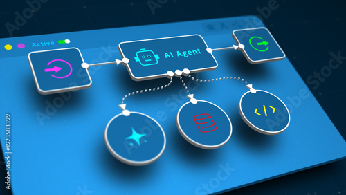 AI agent automation flowchart for workflow management, futuristic digital interface concept with 3D design