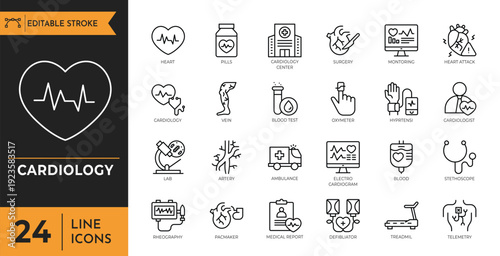 Cardiology outline icon set. Editable stroke. Vector Illustration