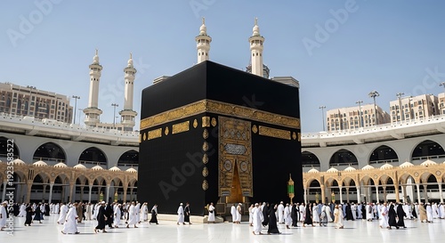 Pilgrims circumambulating the kaaba during hajj in mecca’s grand mosque.