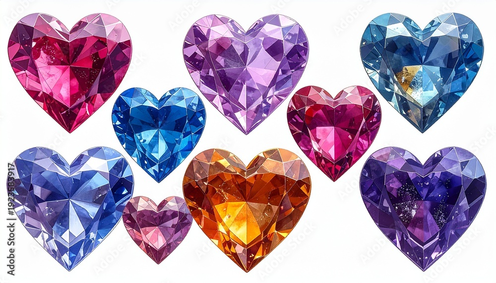 Fototapeta premium Colorful Crystal Hearts on White Background for Valentines Day Love and Romance Design Elements.