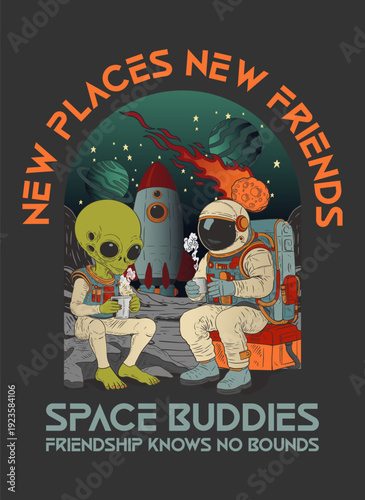 Alien and Astronaut Friendship Drinking Coffee in Outer Space Sci-Fi Art for T-Shirt Screen Printing