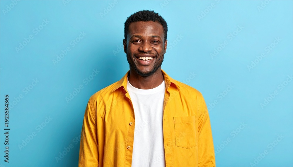 Obraz premium Happy African American Man Smiling in Casual Yellow Shirt Against a Light Blue Background.