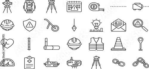 Surveying construction engineering measurement and safety equipment vector line icons