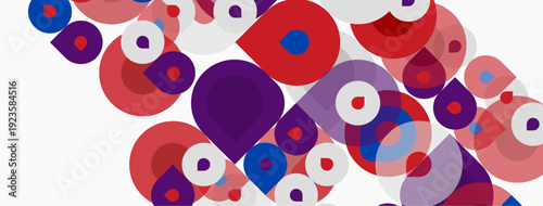 Abstract composition featuring overlapping circles. Red, purple, blue hues dominate white background. Modern, playful design elements present.