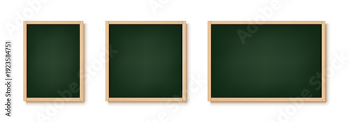 School blackboards set isolated on white background. Green board with wooden frame. Vector realistic illustration