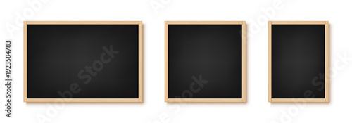 School blackboards set isolated on white background. Black board with wooden frame. Vector realistic illustration