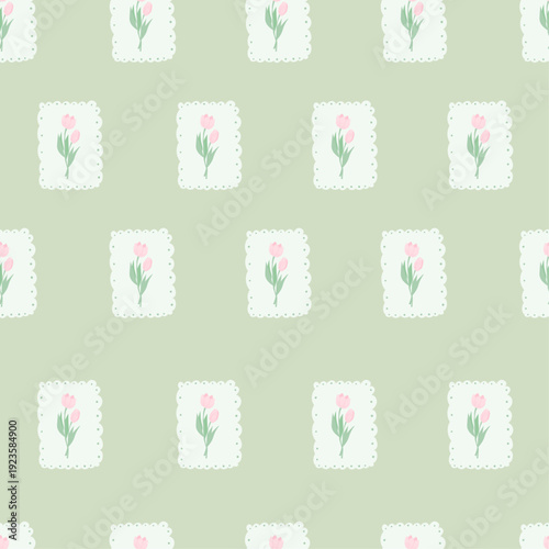 Seamless cottagecore pattern with pink tulip flowers in white lace frames on sage green background