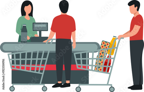 Shoppers Queuing at Supermarket Checkout with Cashier Illustration