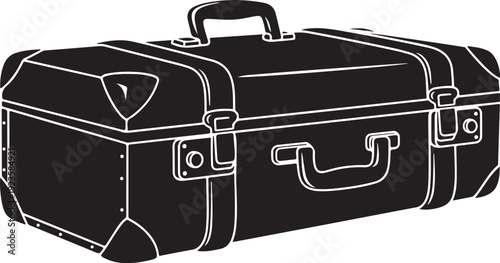 Vintage Black Suitcase with White Outline and Metal Fittings