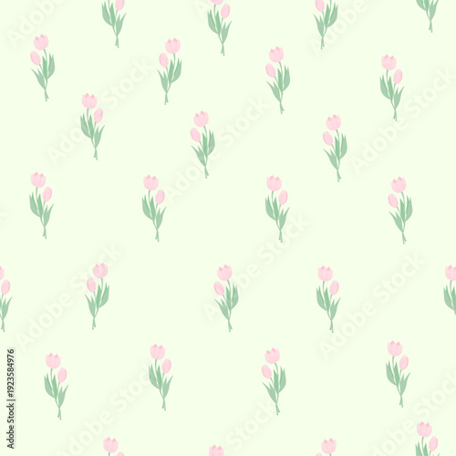 Seamless cottagecore floral pattern with tiny pink tulip buds and green leaves on a light cream background