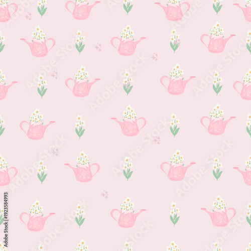 Seamless cottagecore pattern with pink teapots and white delicate flowers on a soft pastel pink background
